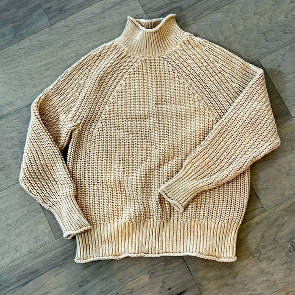 JCrew cotton sweater. Chunky knit. T-neck. Camel tan. Size XS. NEW WITH TAGS